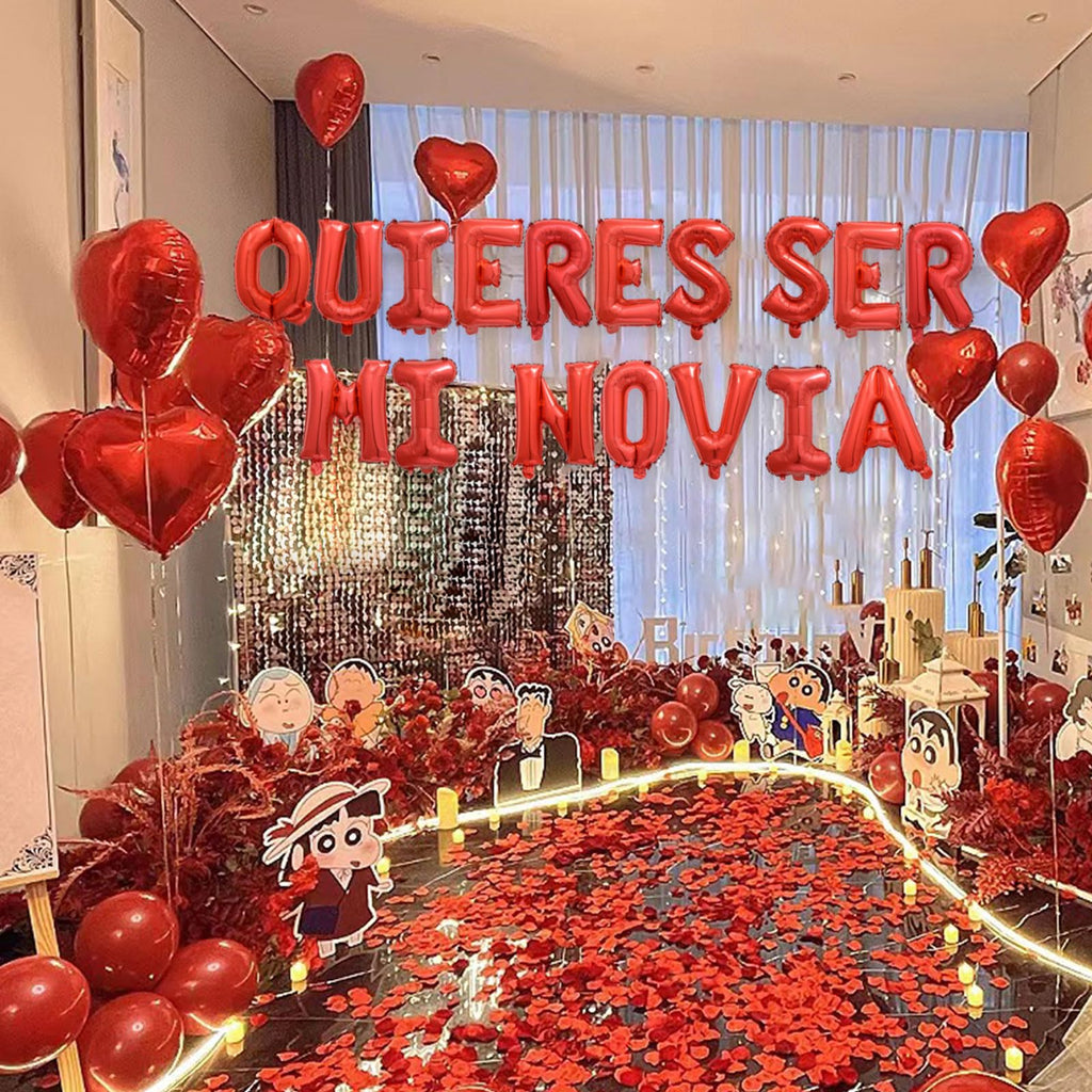 Fezava 2-Set Red QUIERES SER MI NOVIA Balloons + 1200 Rose Petals: 34 Letters + 10 Hearts