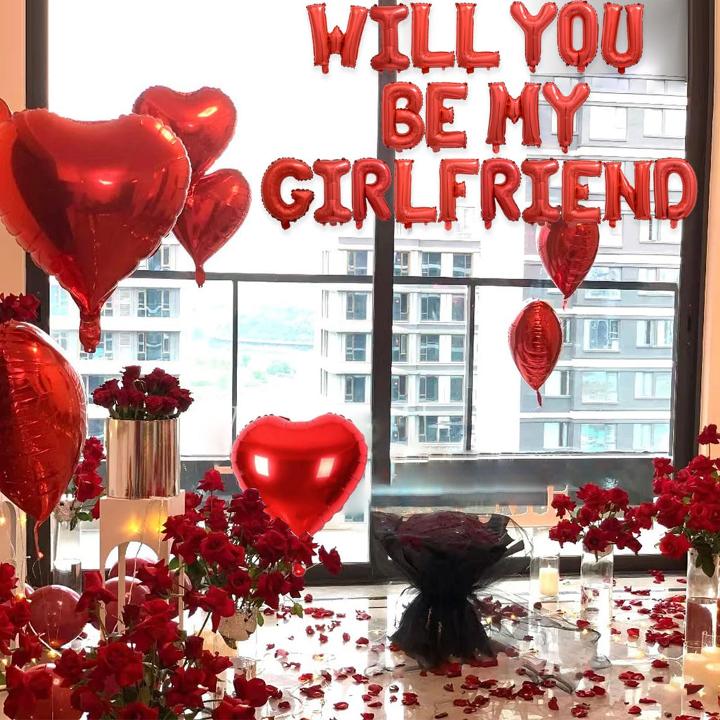 Fezava 2-Set Red Will You Be My Girlfriend Balloons - 42pcs 16inch Letters + 1200 Rose Petals + 10 Heart Balloons for Valentines Day