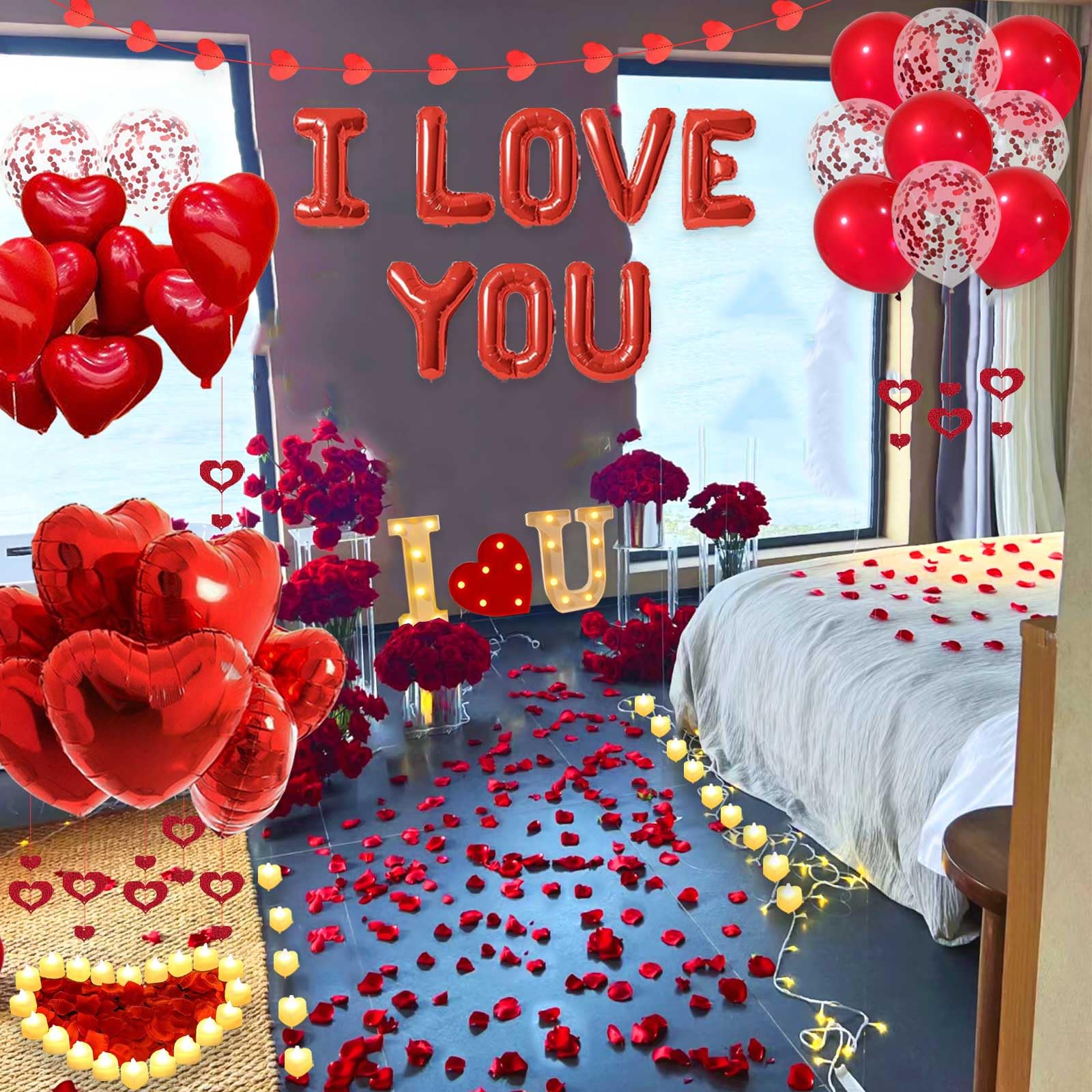 Fezava I LOVE YOU Light Up Letter Sign Decor – 2-Set Red Balloons & Party Kit