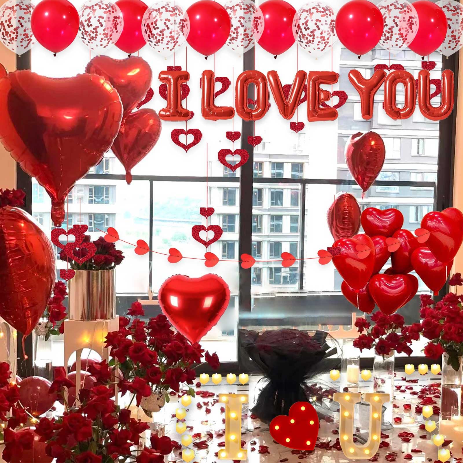 Fezava I LOVE YOU Light Up Letter Sign Decor – 2-Set Red Balloons & Party Kit