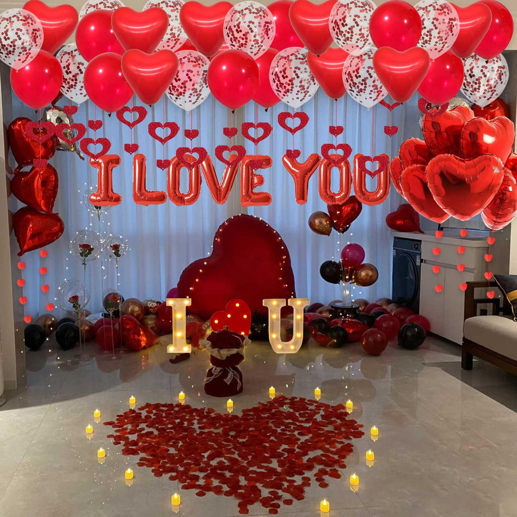 Fezava I LOVE YOU Light Up Letter Sign Decor – 2-Set Red Balloons & Party Kit