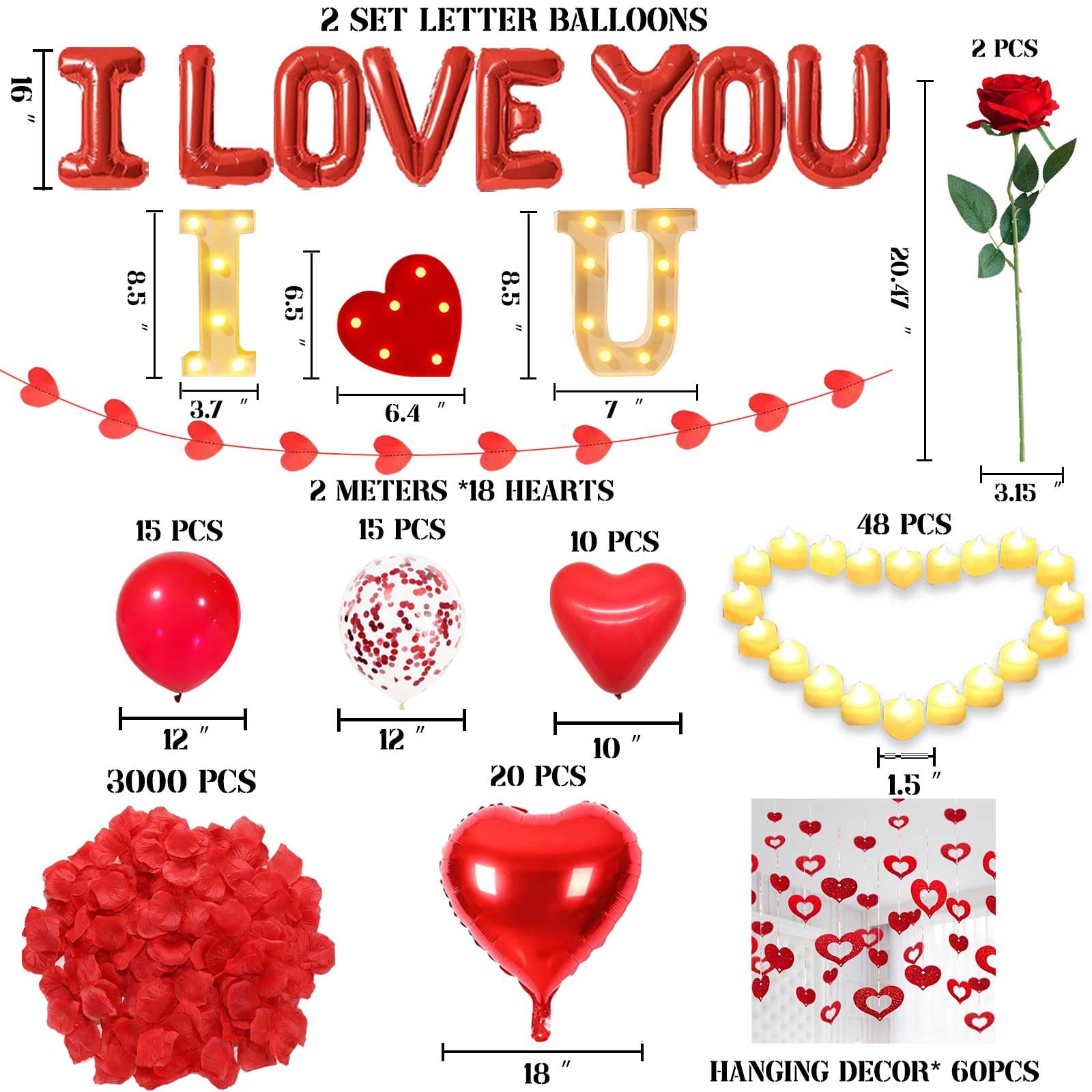 Fezava I LOVE YOU Light Up Letter Sign Decor – 2-Set Red Balloons & Party Kit
