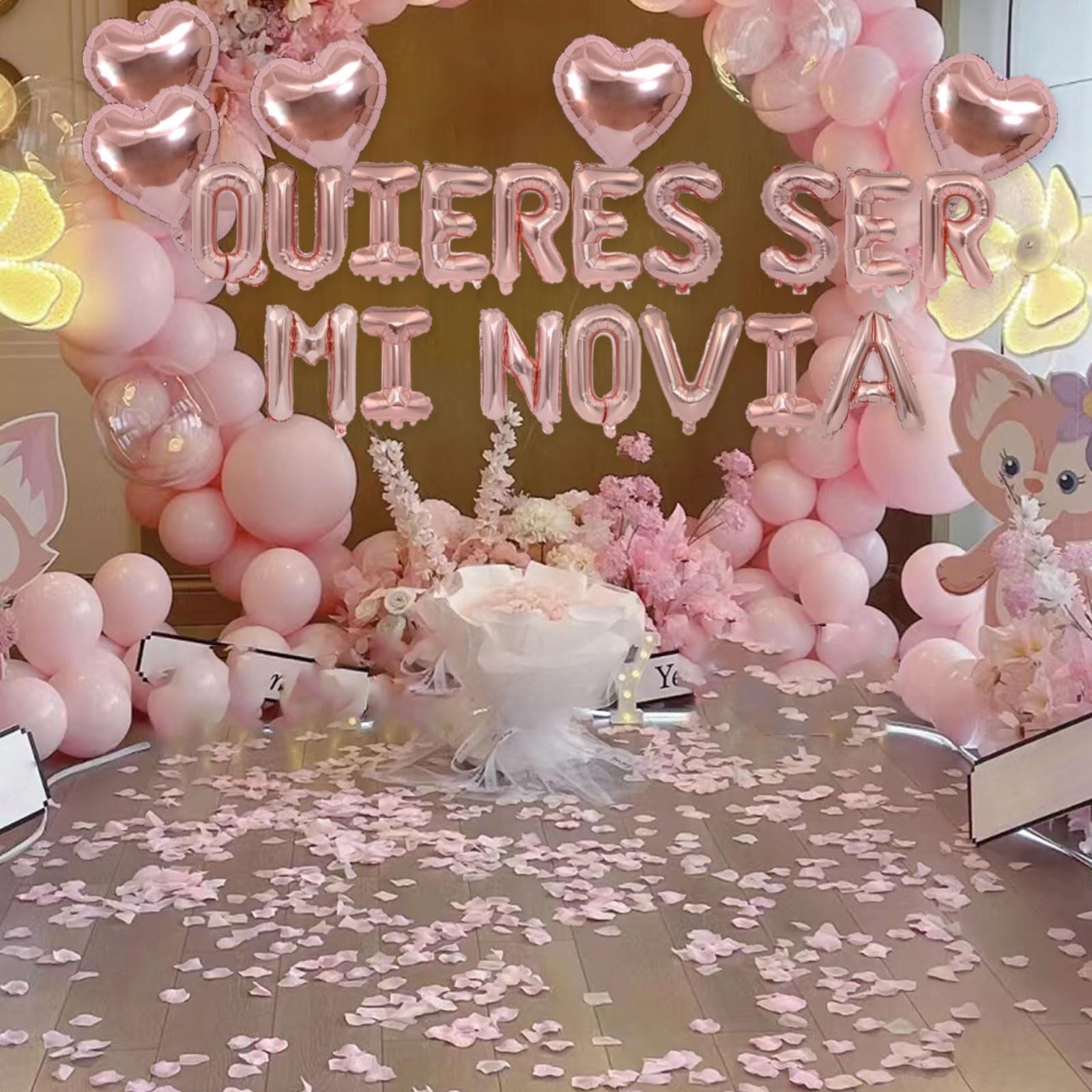 Fezava Will You Be My Girlfriend Balloons with Rose Gold Petals — 16\" Letter Balloons & 18\" Heart Balloons