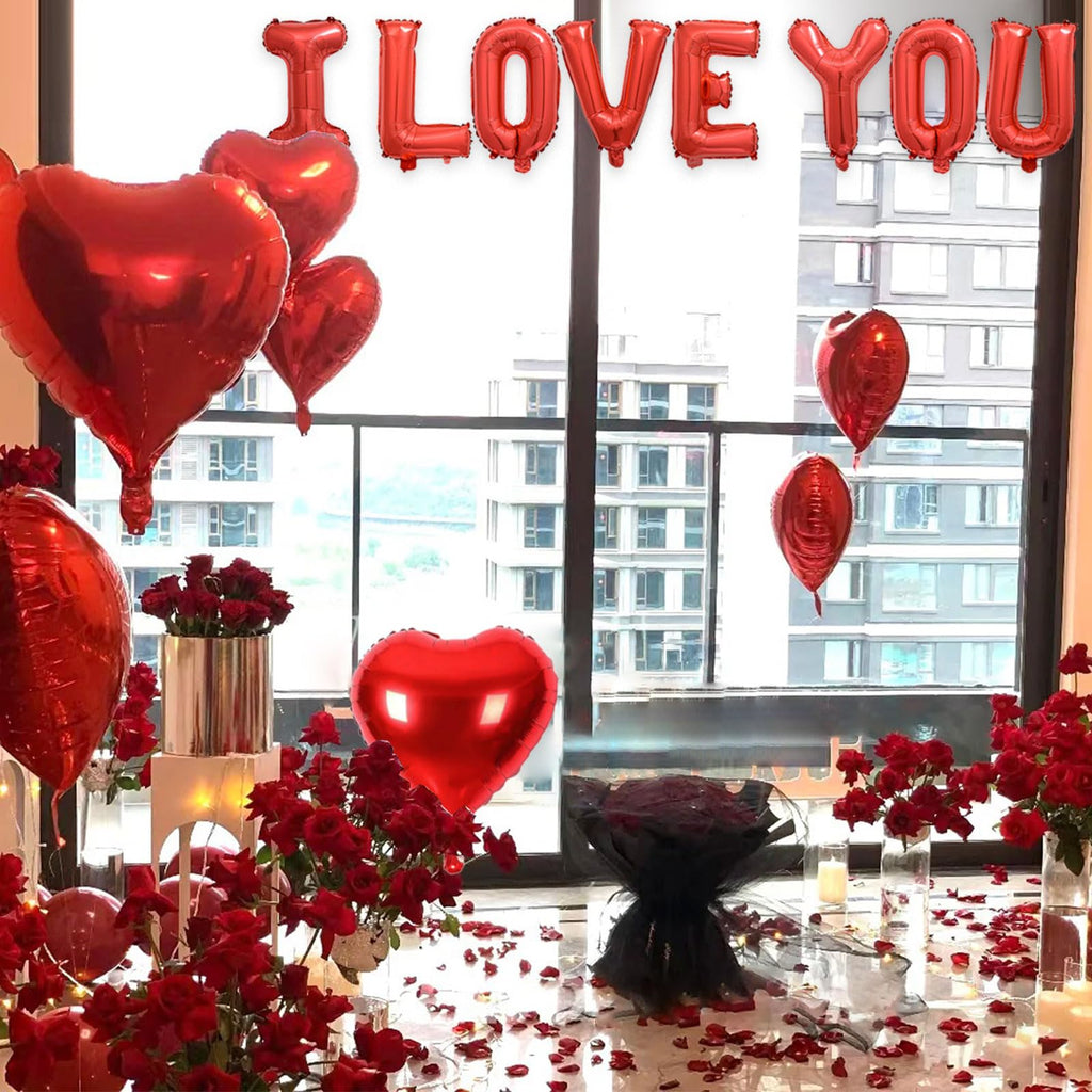 Fezava 2 Set Red I LOVE YOU Balloons – 16" Letter Balloons + 18" Heart Balloons + 1200 Rose Petals for Valentine’s Day Decor