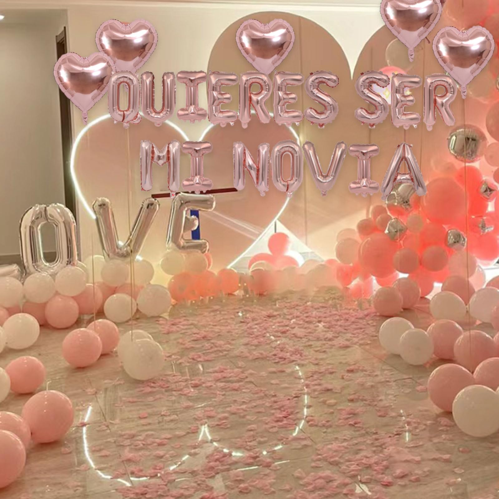 Fezava Will You Be My Girlfriend Balloons with Rose Gold Petals — 16\" Letter Balloons & 18\" Heart Balloons