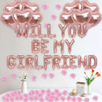 Fezava Rose Gold Will You Be My Girlfriend Balloons – 2 Set, 42pcs 16in Letter Balloons, 10pcs 18in Heart Balloons, 1200 Pink Rose Petals | Valentines Day Decorations