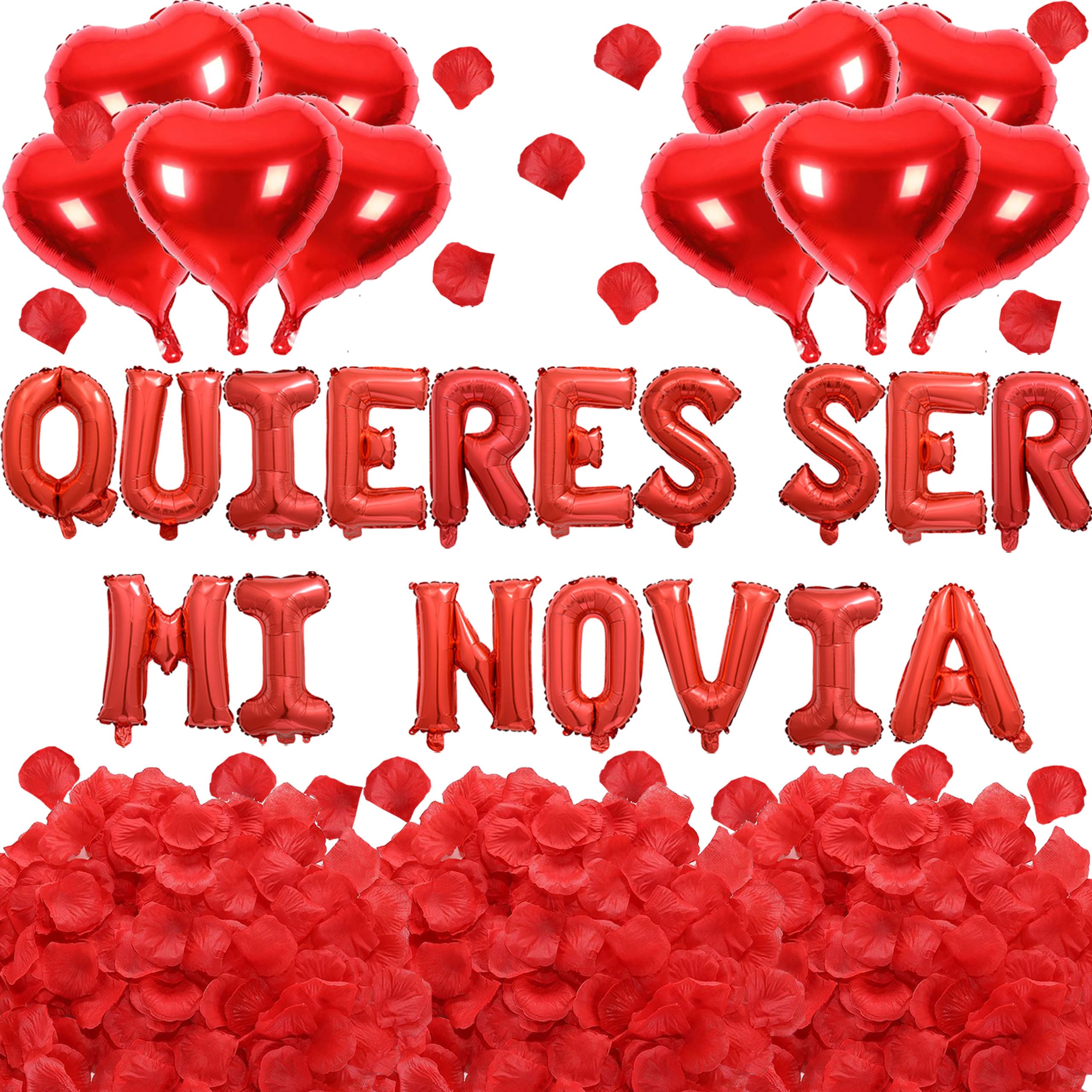 Fezava 2-Set Red QUIERES SER MI NOVIA Balloons + 1200 Rose Petals: 34 Letters + 10 Hearts