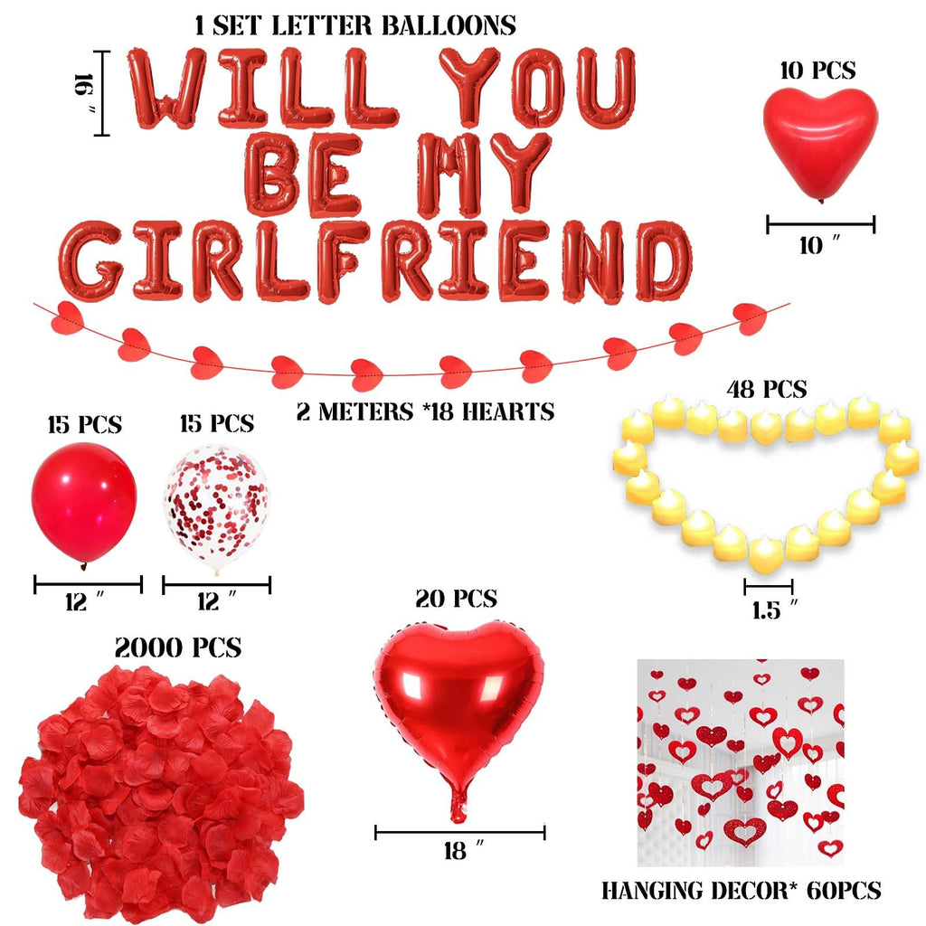 Fezava Red Will You Be My Girlfriend Balloons Pack – 2000 Rose Petals, 48 LED Tealights, 21 Letter Balloons, 18 Heart & Latex Balloons