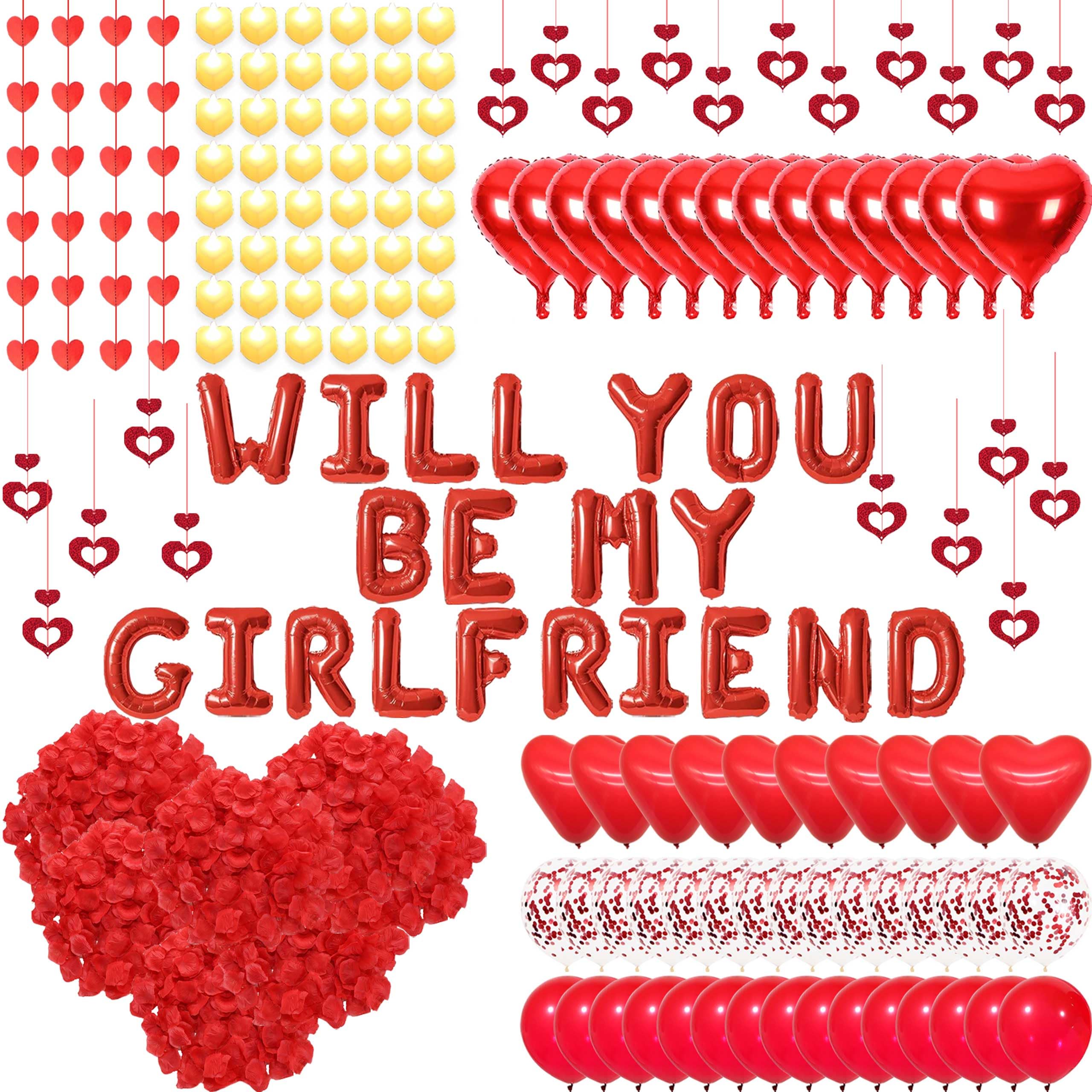 Fezava Red Will You Be My Girlfriend Balloons Pack – 2000 Rose Petals, 48 LED Tealights, 21 Letter Balloons, 18 Heart & Latex Balloons