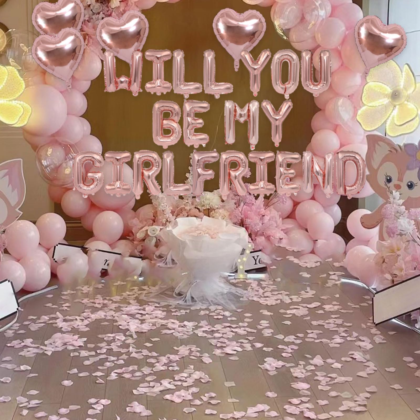 Fezava Rose Gold Will You Be My Girlfriend Balloons – 2 Set, 42pcs 16in Letter Balloons, 10pcs 18in Heart Balloons, 1200 Pink Rose Petals | Valentines Day Decorations