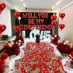 Fezava 2-Set Red Will You Be My Girlfriend Balloons - 42pcs 16inch Letters + 1200 Rose Petals + 10 Heart Balloons for Valentines Day