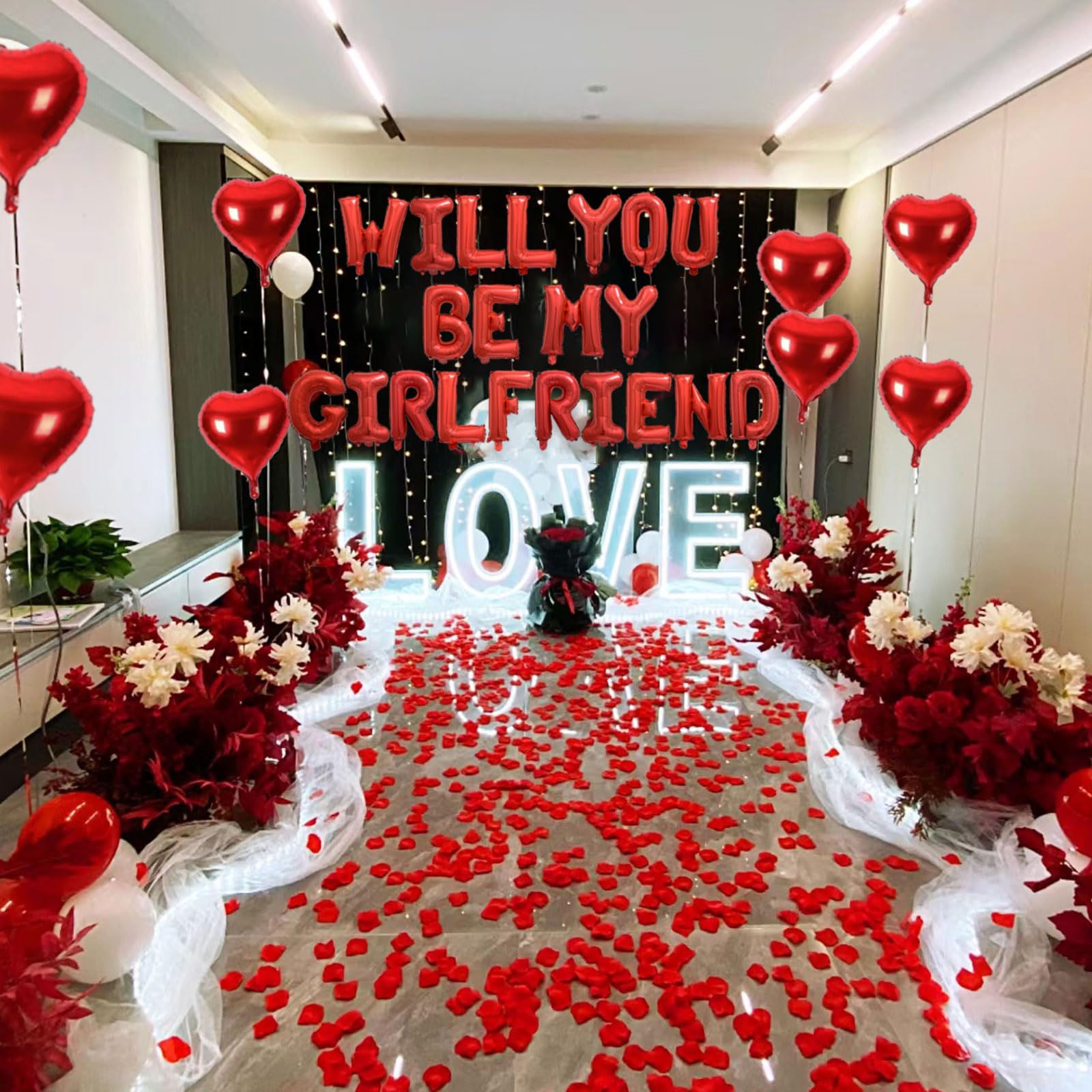 Fezava 2-Set Red Will You Be My Girlfriend Balloons - 42pcs 16inch Letters + 1200 Rose Petals + 10 Heart Balloons for Valentines Day