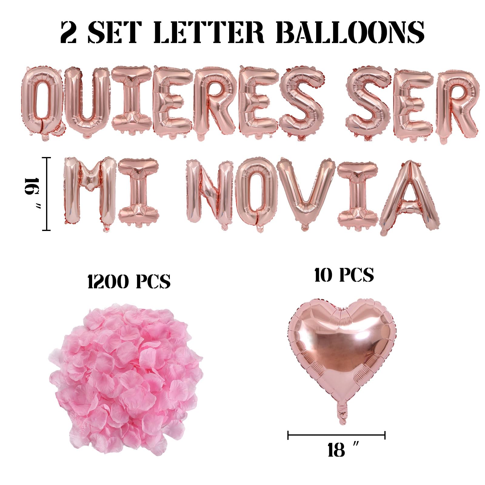 Fezava Will You Be My Girlfriend Balloons with Rose Gold Petals — 16\" Letter Balloons & 18\" Heart Balloons