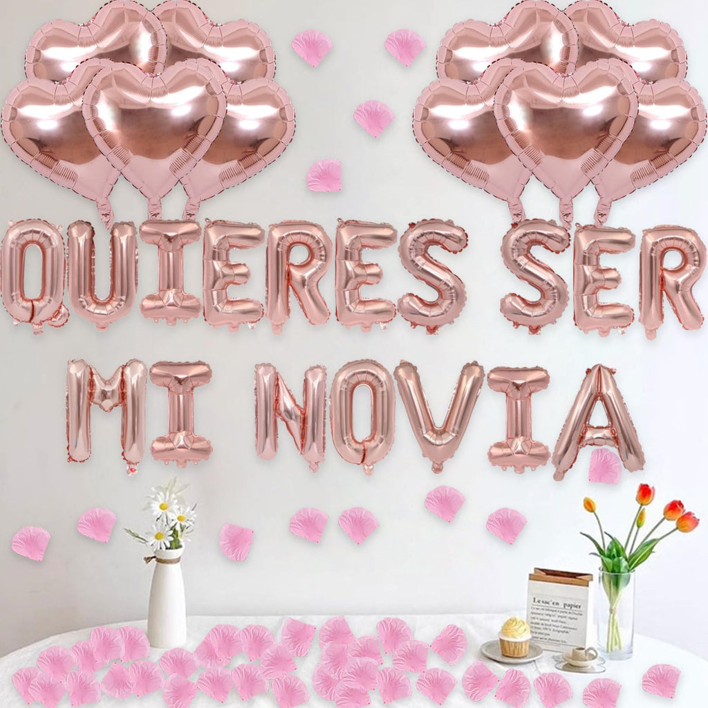 Fezava Will You Be My Girlfriend Balloons with Rose Gold Petals — 16\" Letter Balloons & 18\" Heart Balloons