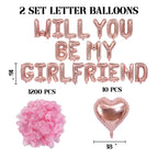 Fezava Rose Gold Will You Be My Girlfriend Balloons – 2 Set, 42pcs 16in Letter Balloons, 10pcs 18in Heart Balloons, 1200 Pink Rose Petals | Valentines Day Decorations