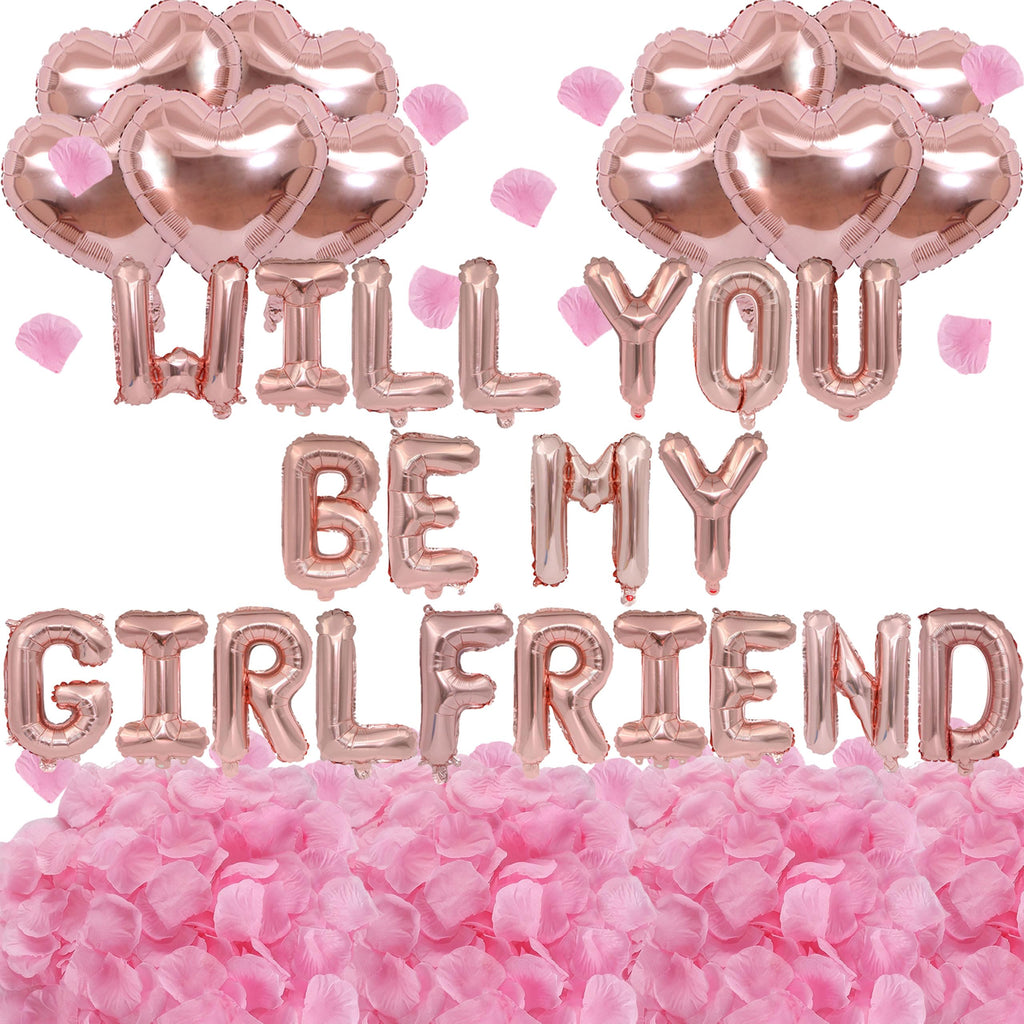 Fezava Rose Gold Will You Be My Girlfriend Balloons – 2 Set, 42pcs 16in Letter Balloons, 10pcs 18in Heart Balloons, 1200 Pink Rose Petals | Valentines Day Decorations