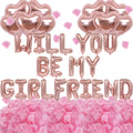 Fezava Rose Gold Will You Be My Girlfriend Balloons – 2 Set, 42pcs 16in Letter Balloons, 10pcs 18in Heart Balloons, 1200 Pink Rose Petals | Valentines Day Decorations