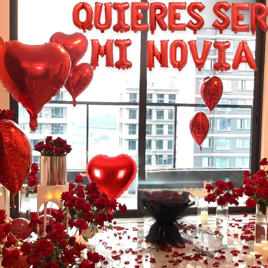 Fezava 2-Set Red QUIERES SER MI NOVIA Balloons + 1200 Rose Petals: 34 Letters + 10 Hearts
