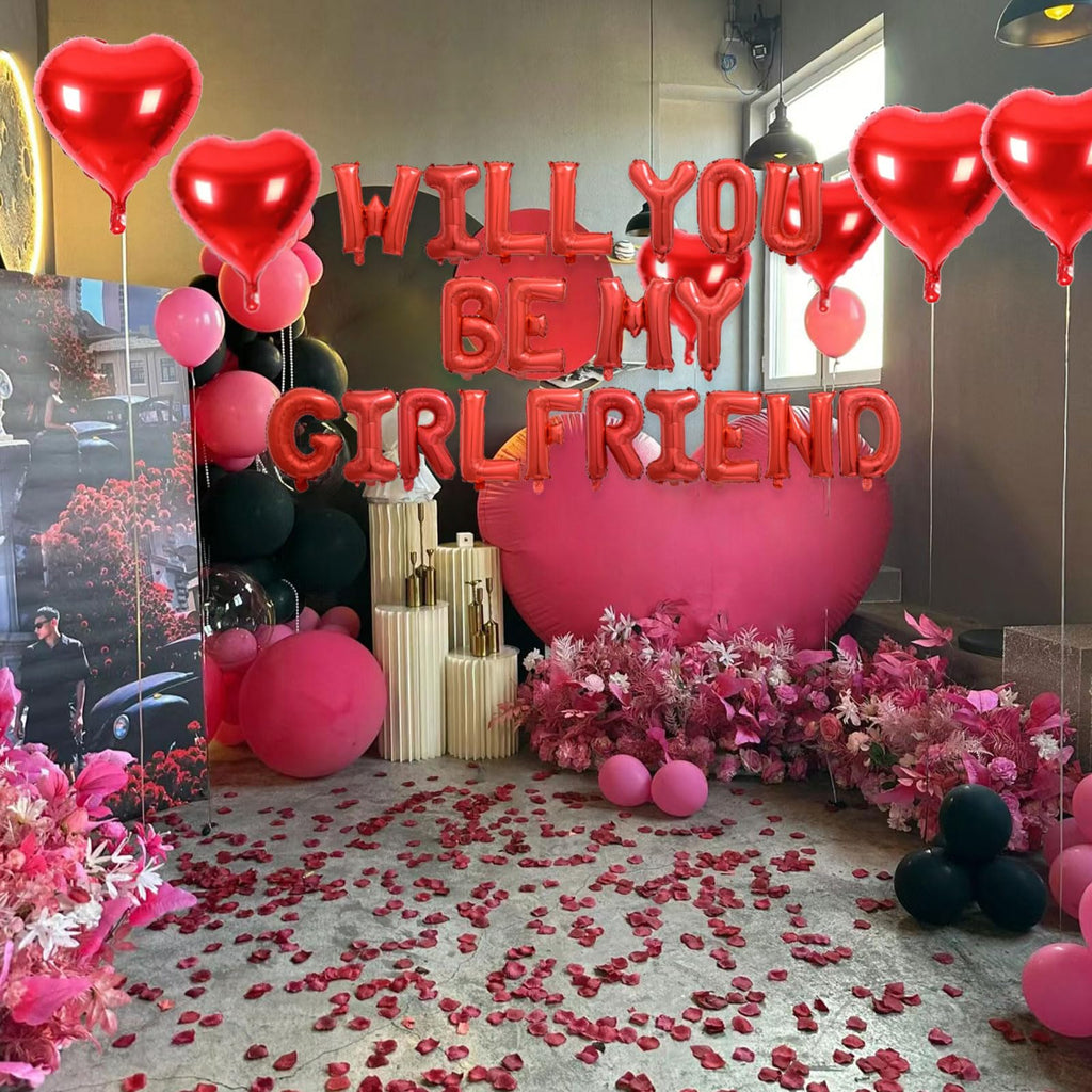 Fezava 2-Set Red Will You Be My Girlfriend Balloons - 42pcs 16inch Letters + 1200 Rose Petals + 10 Heart Balloons for Valentines Day