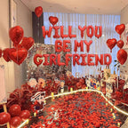 Fezava 2-Set Red Will You Be My Girlfriend Balloons - 42pcs 16inch Letters + 1200 Rose Petals + 10 Heart Balloons for Valentines Day