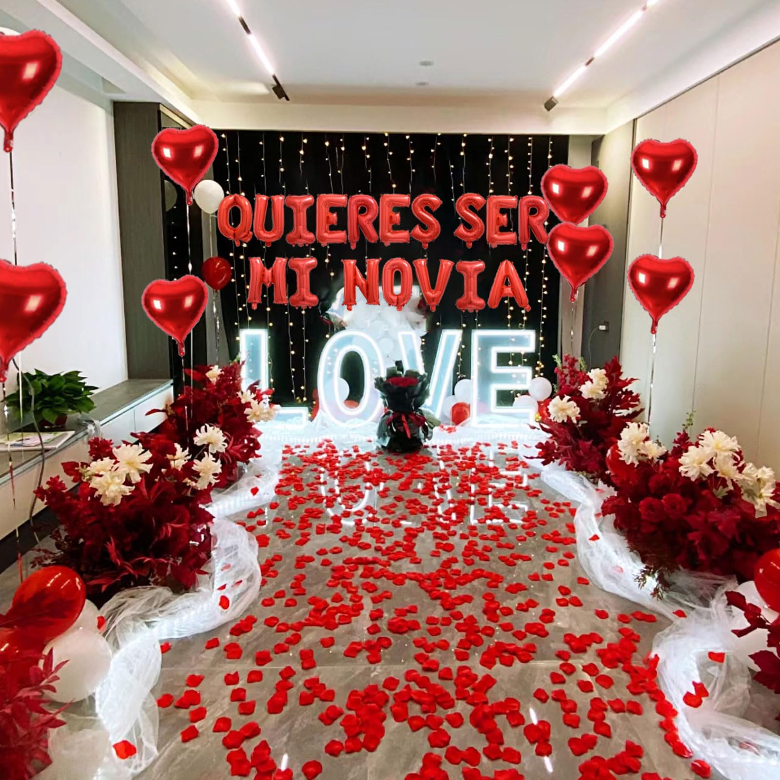 Fezava 2-Set Red QUIERES SER MI NOVIA Balloons + 1200 Rose Petals: 34 Letters + 10 Hearts