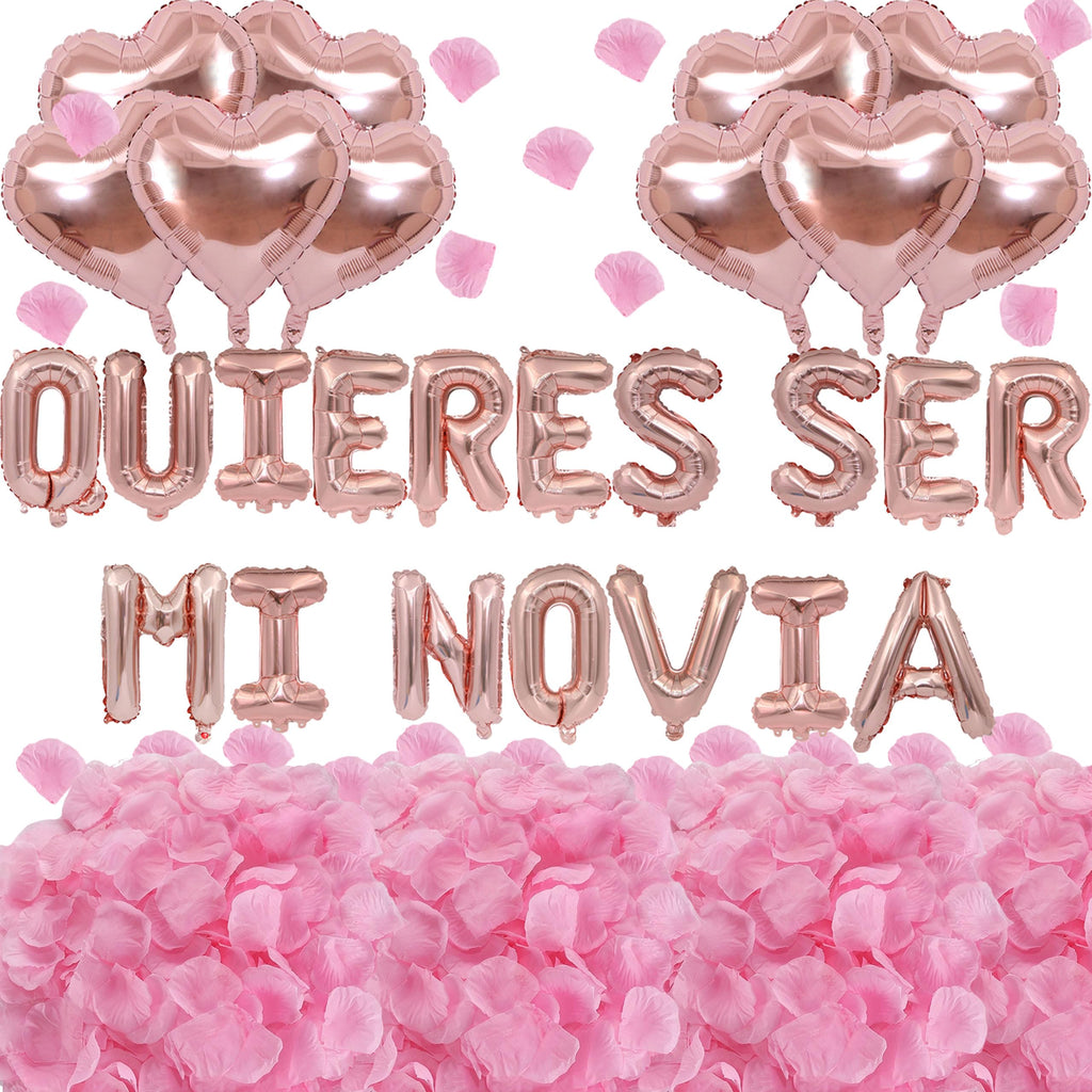 Fezava Will You Be My Girlfriend Balloons with Rose Gold Petals — 16\" Letter Balloons & 18\" Heart Balloons