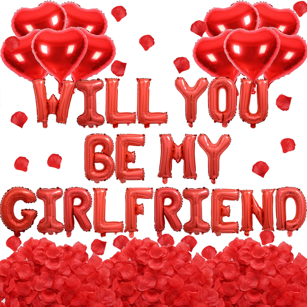 Fezava 2-Set Red Will You Be My Girlfriend Balloons - 42pcs 16inch Letters + 1200 Rose Petals + 10 Heart Balloons for Valentines Day