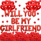 Fezava 2-Set Red Will You Be My Girlfriend Balloons - 42pcs 16inch Letters + 1200 Rose Petals + 10 Heart Balloons for Valentines Day