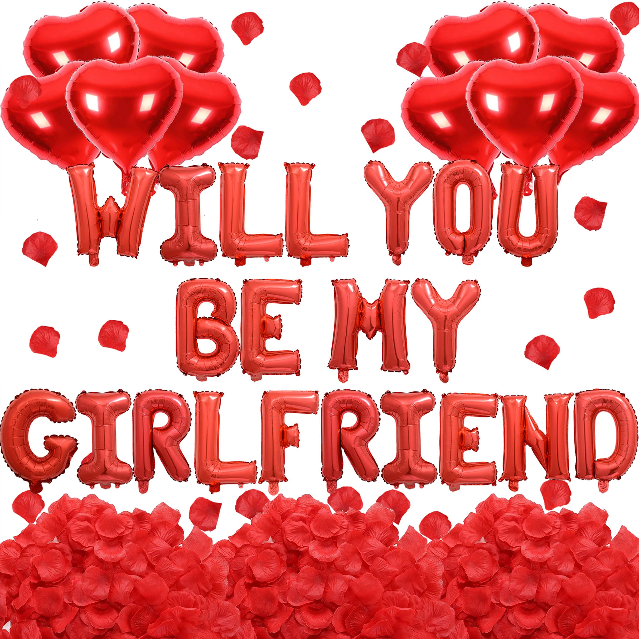 Fezava 2-Set Red Will You Be My Girlfriend Balloons - 42pcs 16inch Letters + 1200 Rose Petals + 10 Heart Balloons for Valentines Day