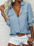 Women's Elegant Solid Chiffon Blouse Spring Summer Casual Long Sleeve V Neck Loose Shirt Office Lady Tunics Tops