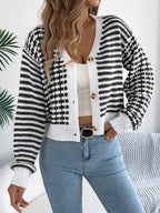 Women Color Block Stripe Lantern Sleeve Short Cardigan Sweater