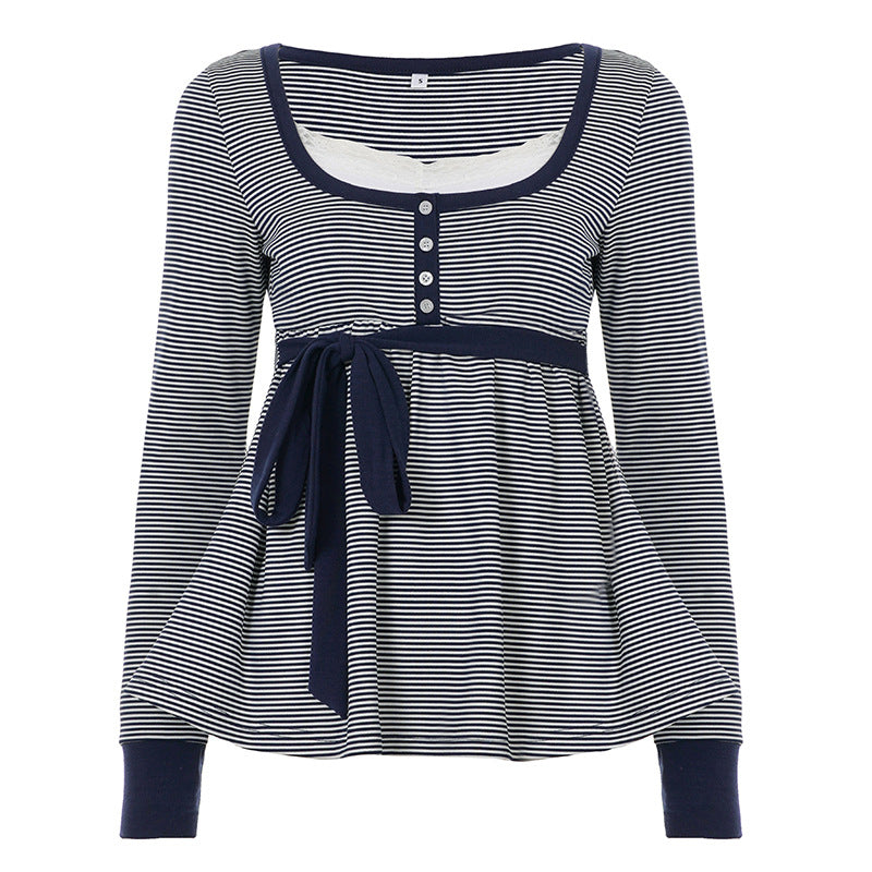 Lace-trimmed Faux Two-piece Striped High-waist Long-sleeve Versatile Top