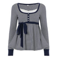Lace-trimmed Faux Two-piece Striped High-waist Long-sleeve Versatile Top