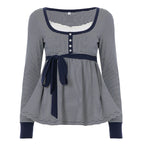Lace-trimmed Faux Two-piece Striped High-waist Long-sleeve Versatile Top