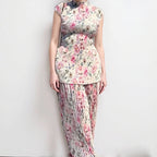 Long Sleeve Printed Chiffon Dress High Waist