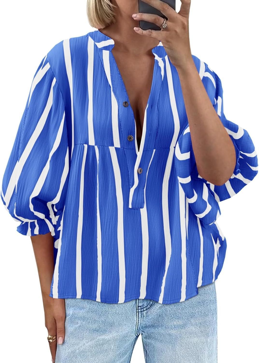 Women's Striped Puff Sleeve Pullover Top | Loose Fit Casual Shirt