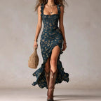 Retro Ruffle-Trimmed Sleeveless Slip Dress With High Side Slit