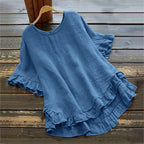Arrival Solid-color Cotton-linen Loose-fit Round-neck Blouse With Ruffled Hem