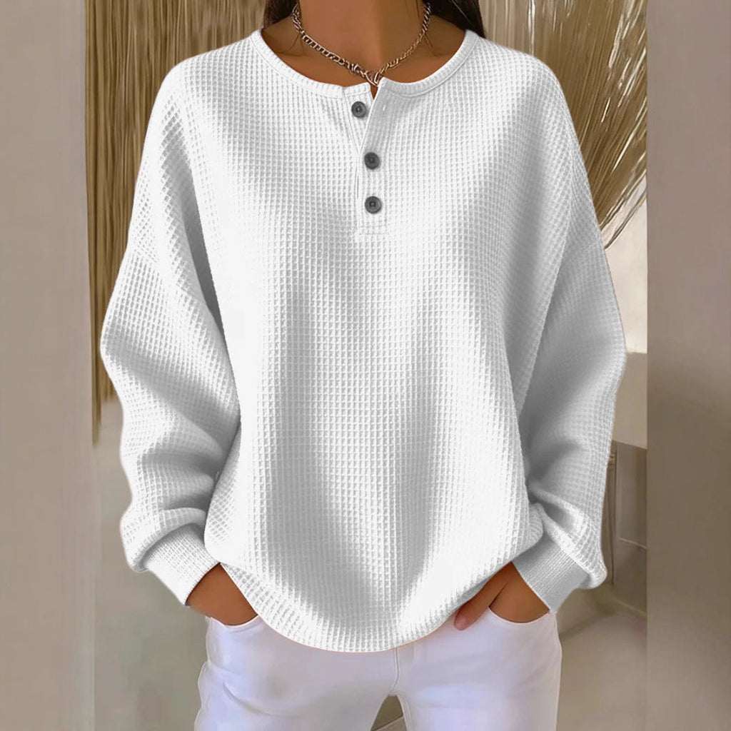 Ins Waffle Long-sleeved T-shirt Fashion Solid Color Buttons Round Neck Pullover Top Women's Clothing