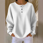 Ins Waffle Long-sleeved T-shirt Fashion Solid Color Buttons Round Neck Pullover Top Women's Clothing
