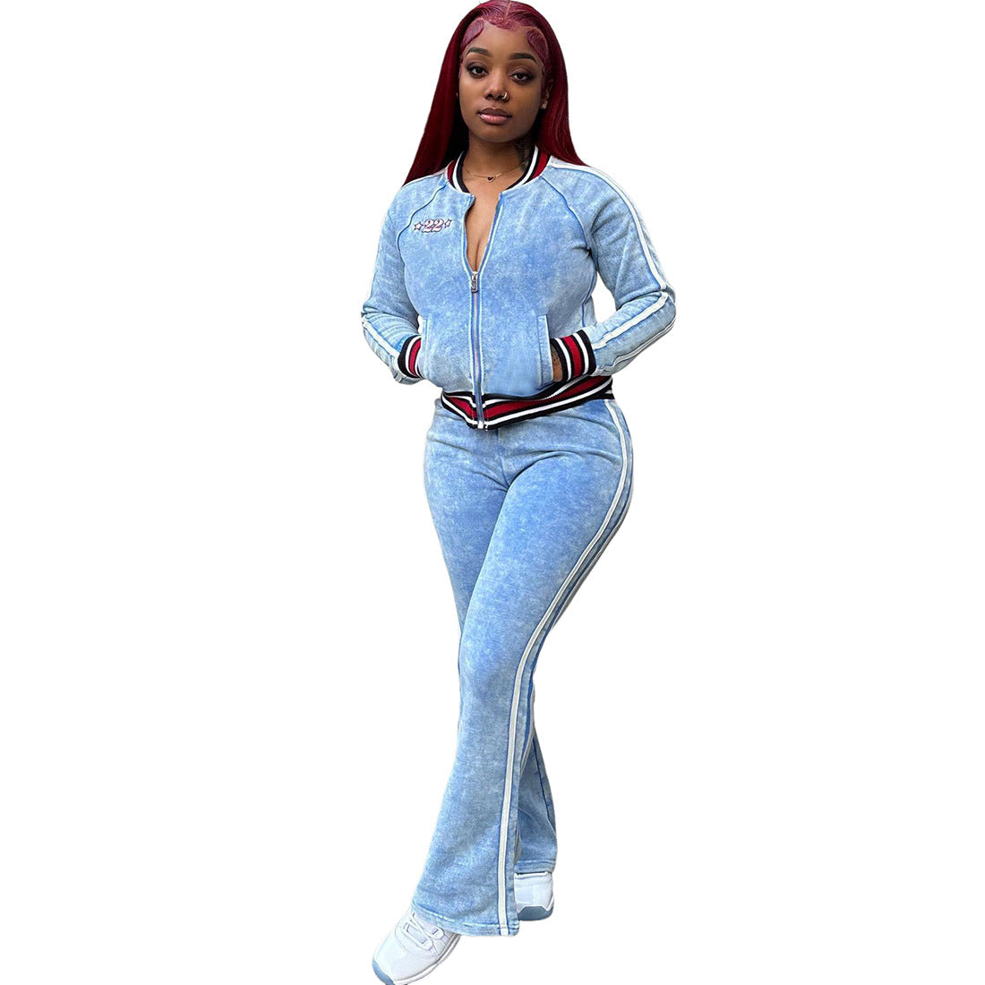 Striped Color-block Long-sleeve Top And Flared-leg Casual Pants Set