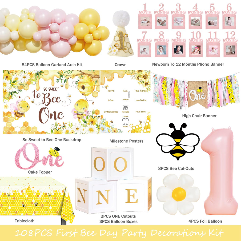 Fiesec First Bee Day Decorations Girl – 108Pcs Honey Bee Themed 1st Birthday Kit