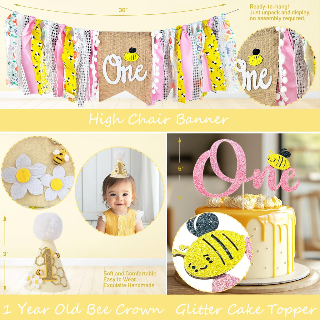 Fiesec First Bee Day Decorations Girl – 108Pcs Honey Bee Themed 1st Birthday Kit