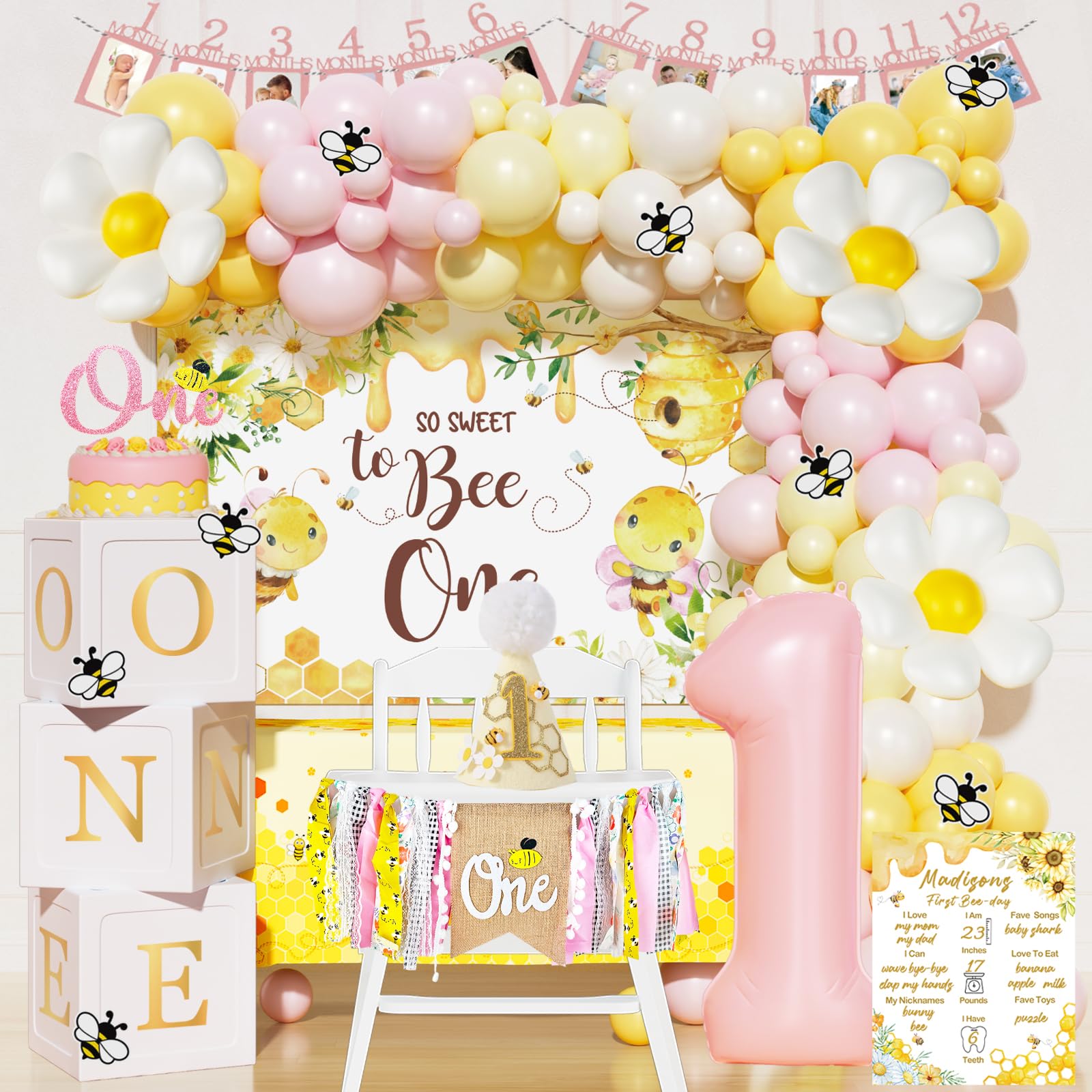 Fiesec First Bee Day Decorations Girl – 108Pcs Honey Bee Themed 1st Birthday Kit