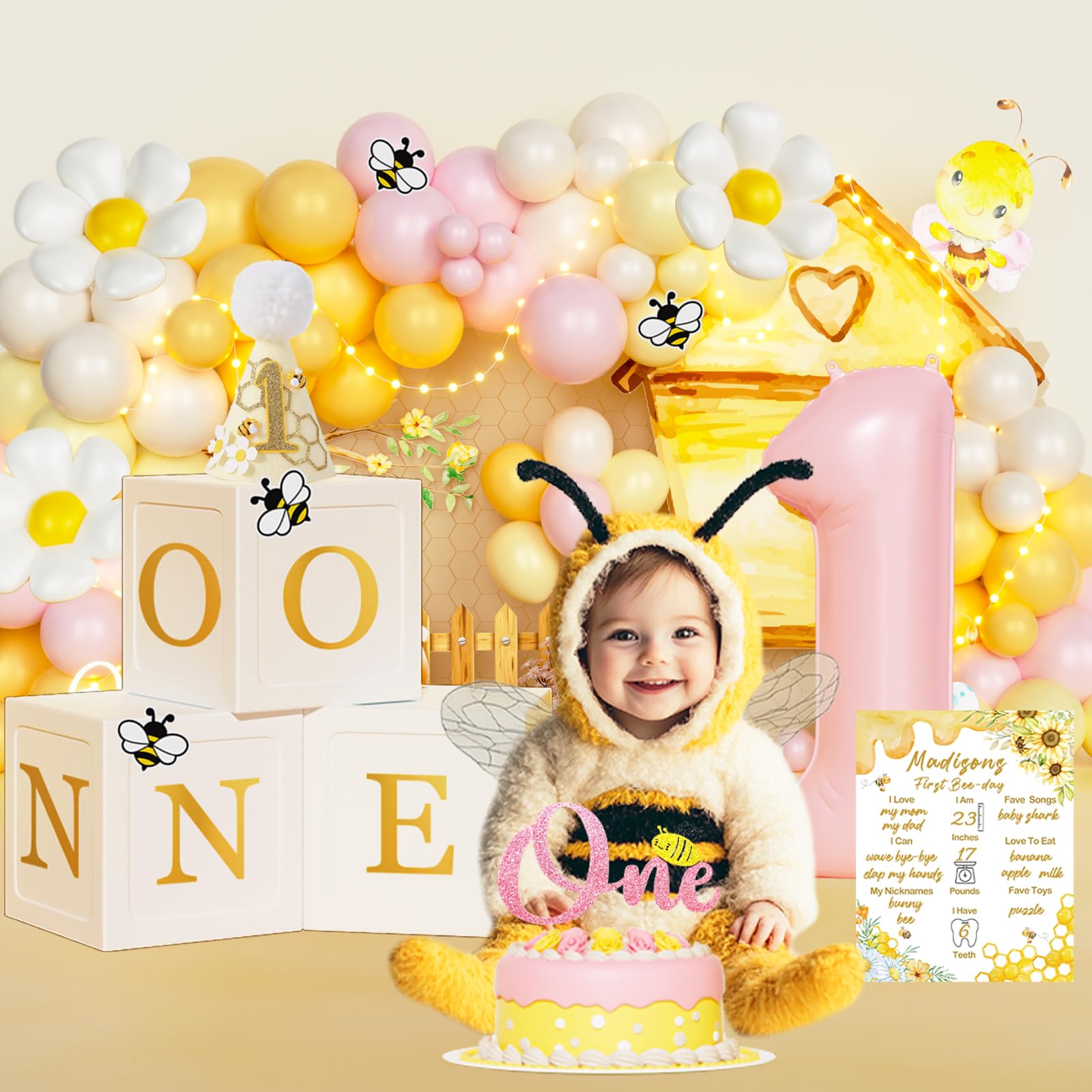 Fiesec First Bee Day Decorations Girl – 108Pcs Honey Bee Themed 1st Birthday Kit