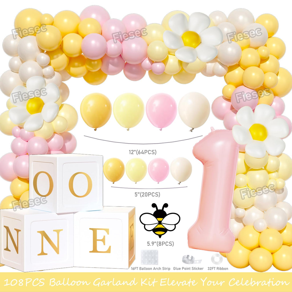 Fiesec First Bee Day Decorations Girl – 108Pcs Honey Bee Themed 1st Birthday Kit