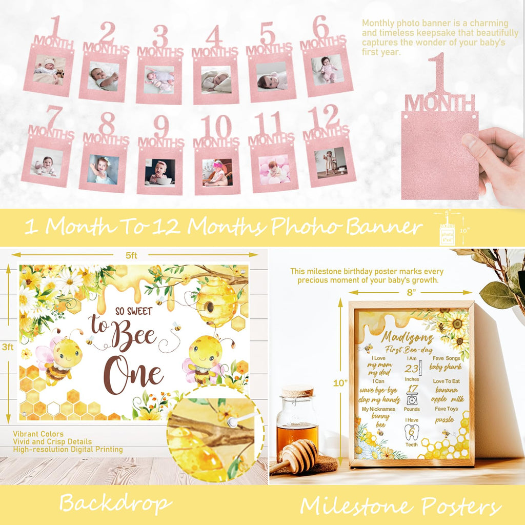 Fiesec First Bee Day Decorations Girl – 108Pcs Honey Bee Themed 1st Birthday Kit