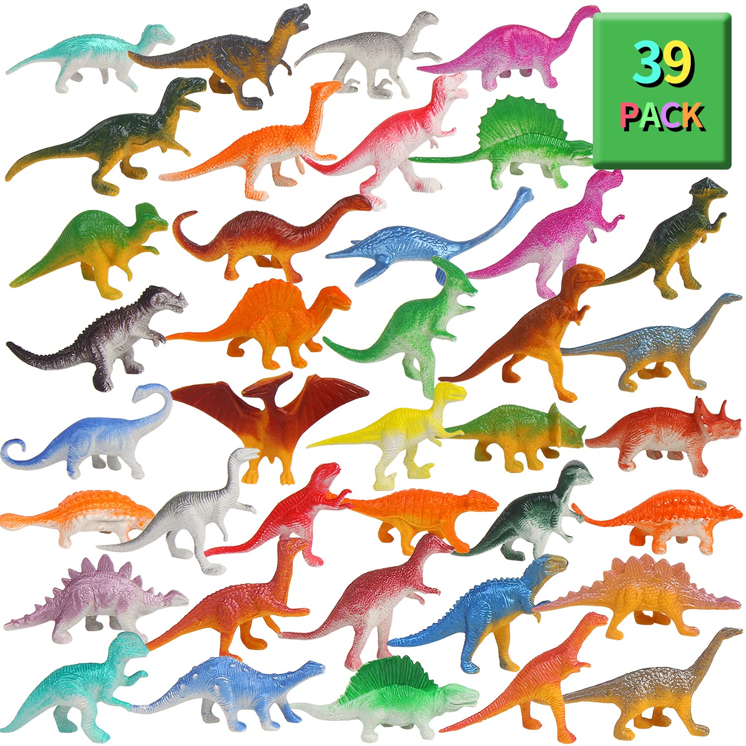 FINGOOO 39-Piece Mini Dinosaur Figures – Assorted 2–4in Dinosaurs for Party Favors, Cake Toppers & Learning
