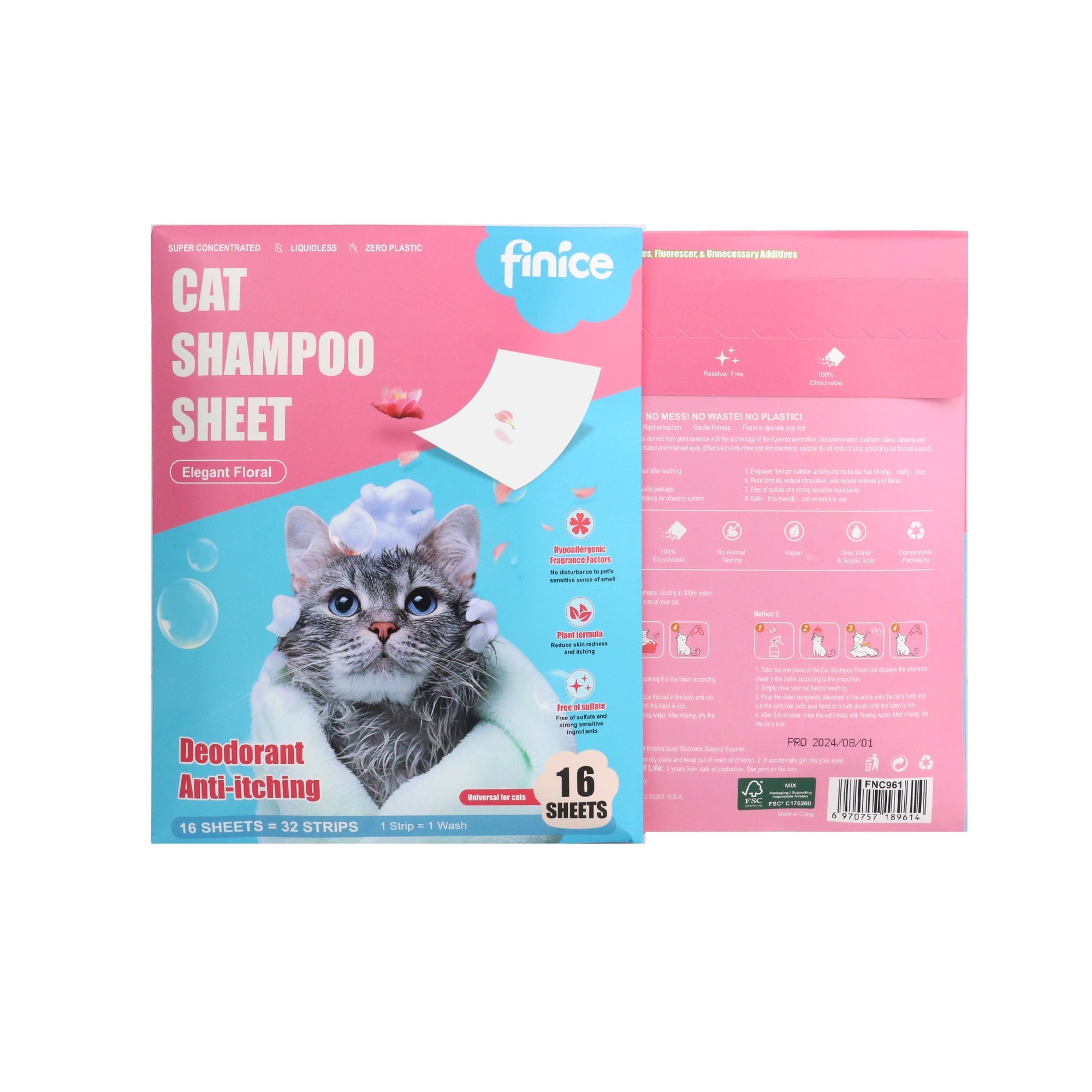 Finice Katzen-Shampoo-Tücher – pflanzlich, juckreizlindernd & desodorierend, elegante Blüten, 32 Wäschen