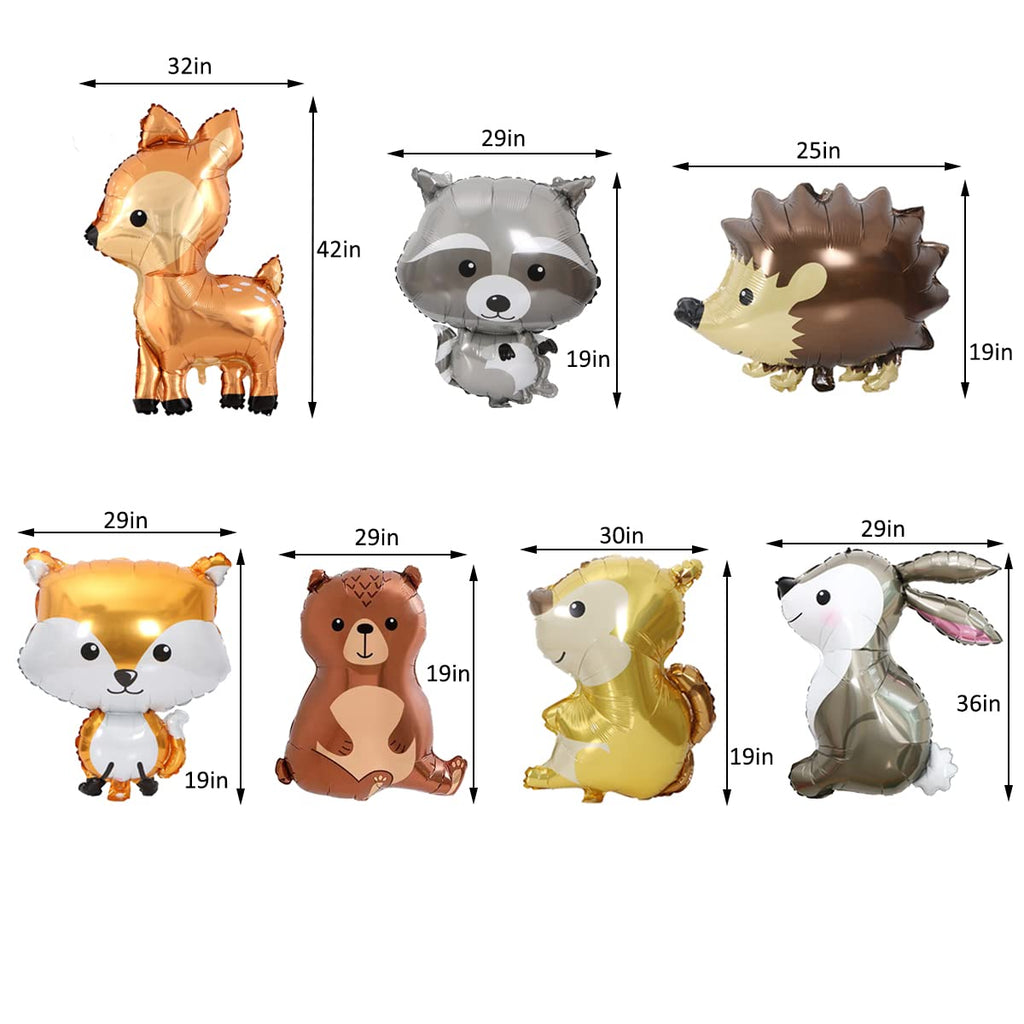 Finypa 7PCS Forest Animal Balloons – Jumbo Woodland Party Decor (Fox, Hedgehog, Squirrel, Bear, Deer, Raccoon, Rabbit)